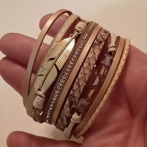 #1032. Faux Leather Layer Glass, Feather & Rhinestone Magnetic Closure Bracelet